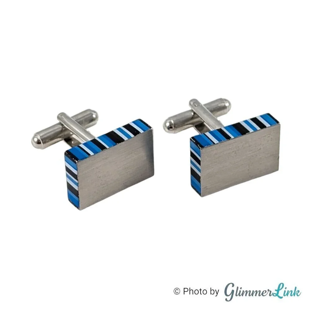 Rectangle Blue Black Stripe Rim Silver Tone Cufflinks